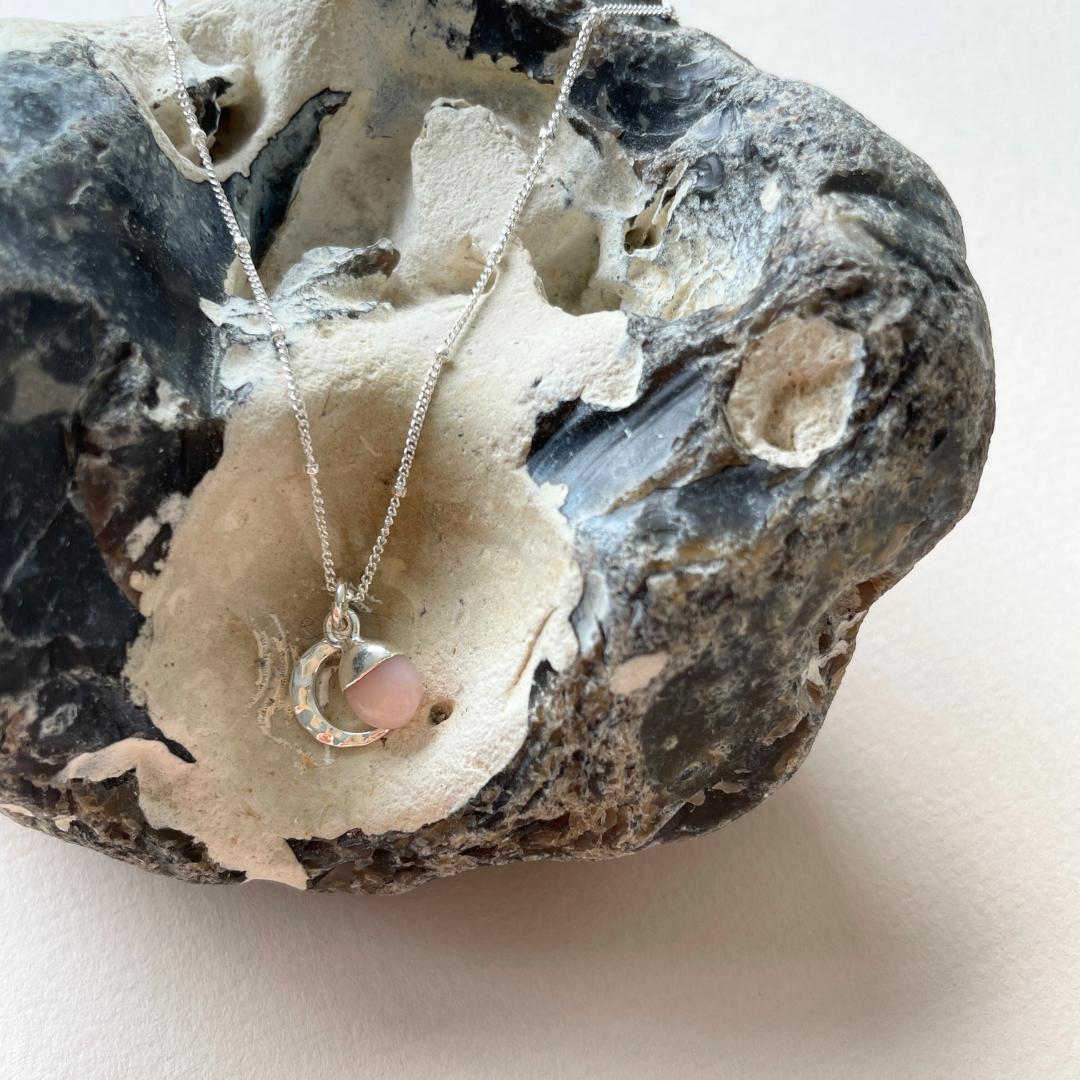 Pink Opal Tumbled & Moon Necklace | Love & Hope (Silver)