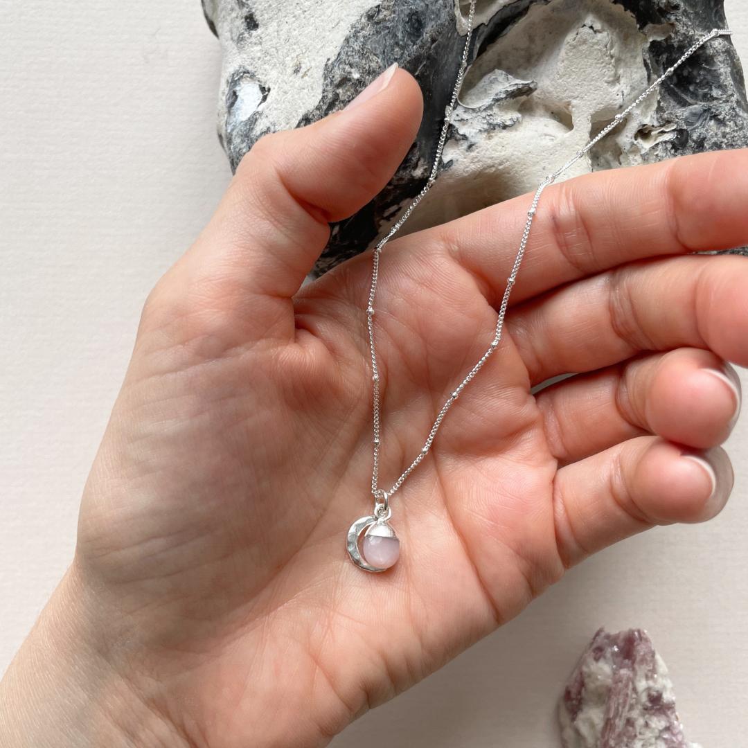 Pink Opal Tumbled & Moon Necklace | Love & Hope (Silver)