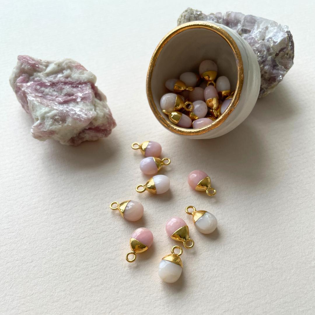 October Birthstone | Pink Opal Tiny Tumbled Dropper Earrings (Gold)