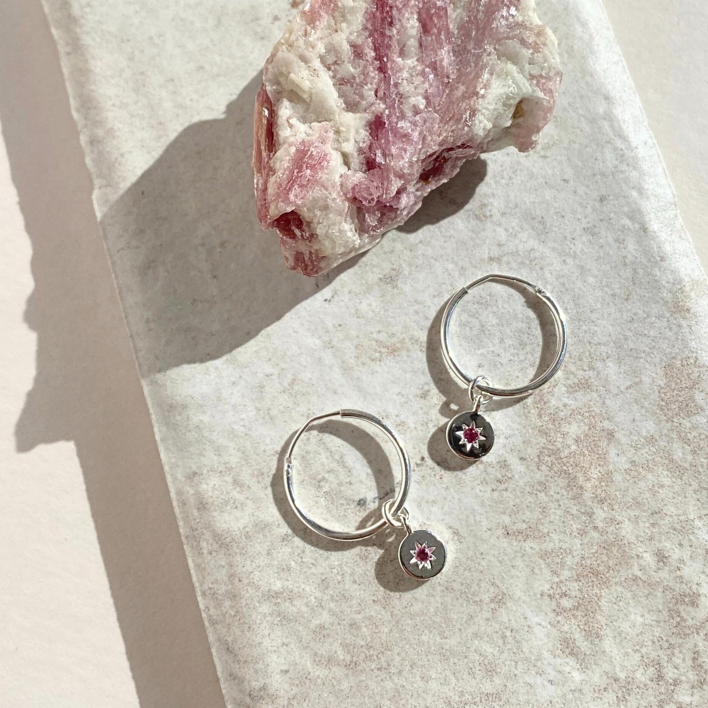 Pink Tourmaline 'Guiding Star' Birthstone Hoop Earrings | October (Sterling Silver)