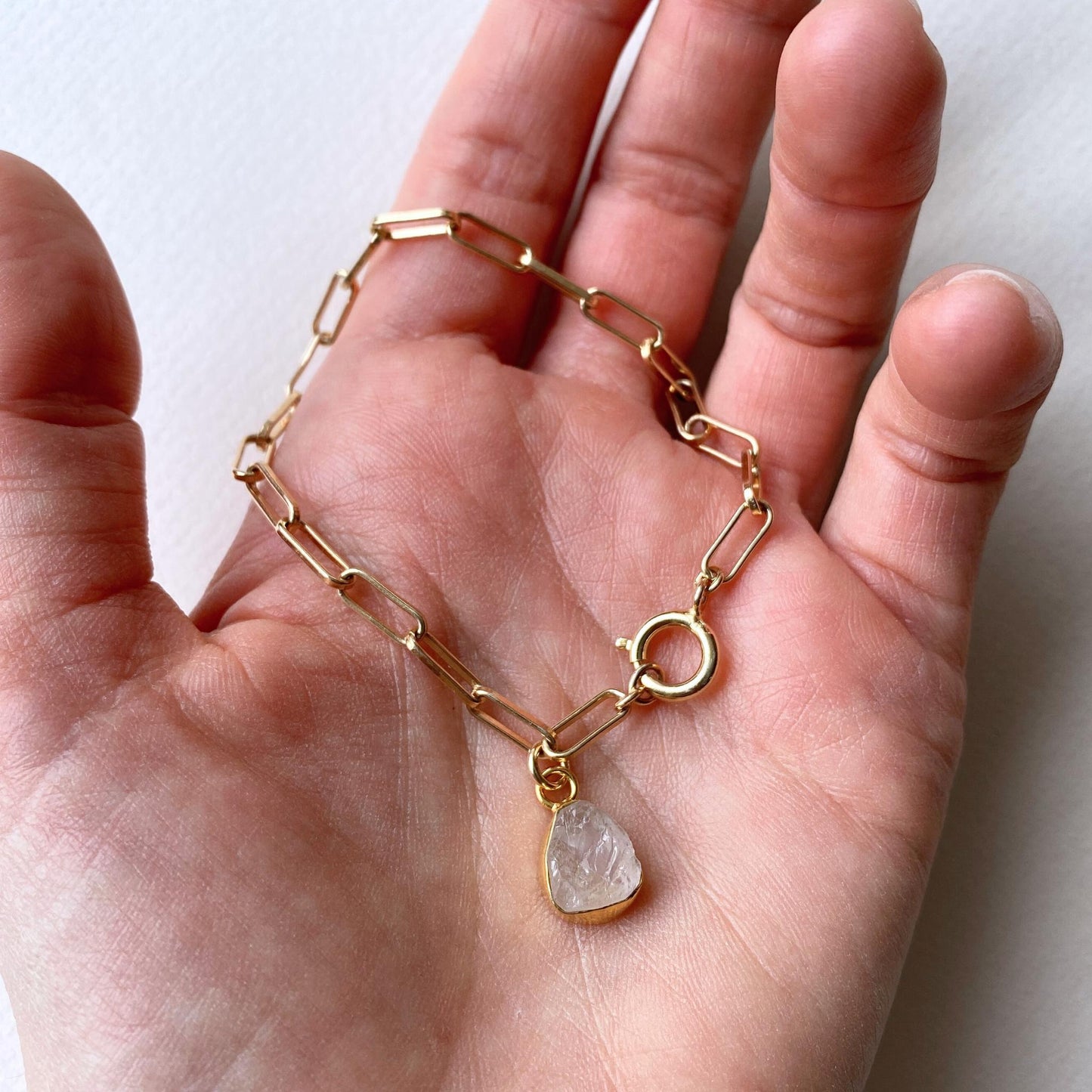 Rose Quartz Carved Chunky Chain Bracelet | Love (Gold Plated)