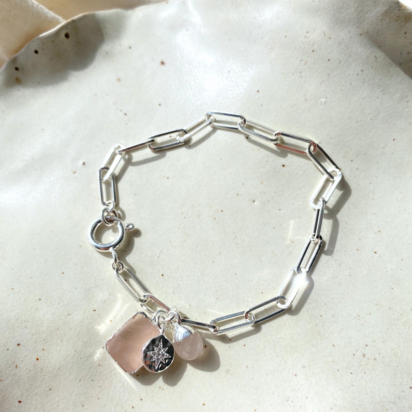 Rose Quartz Gem Slice Triple Chunky Chain Bracelet | Love (Silver)
