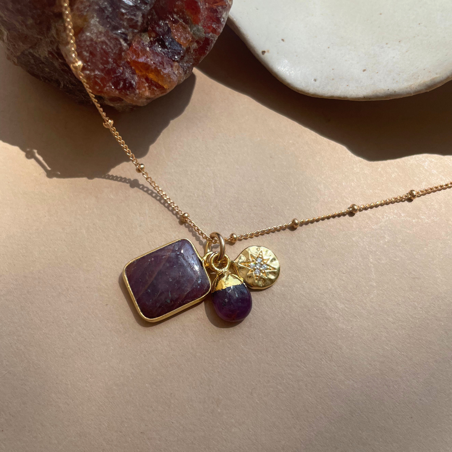 Ruby Gem Slice Triple Necklace | Energy (Gold Plated)