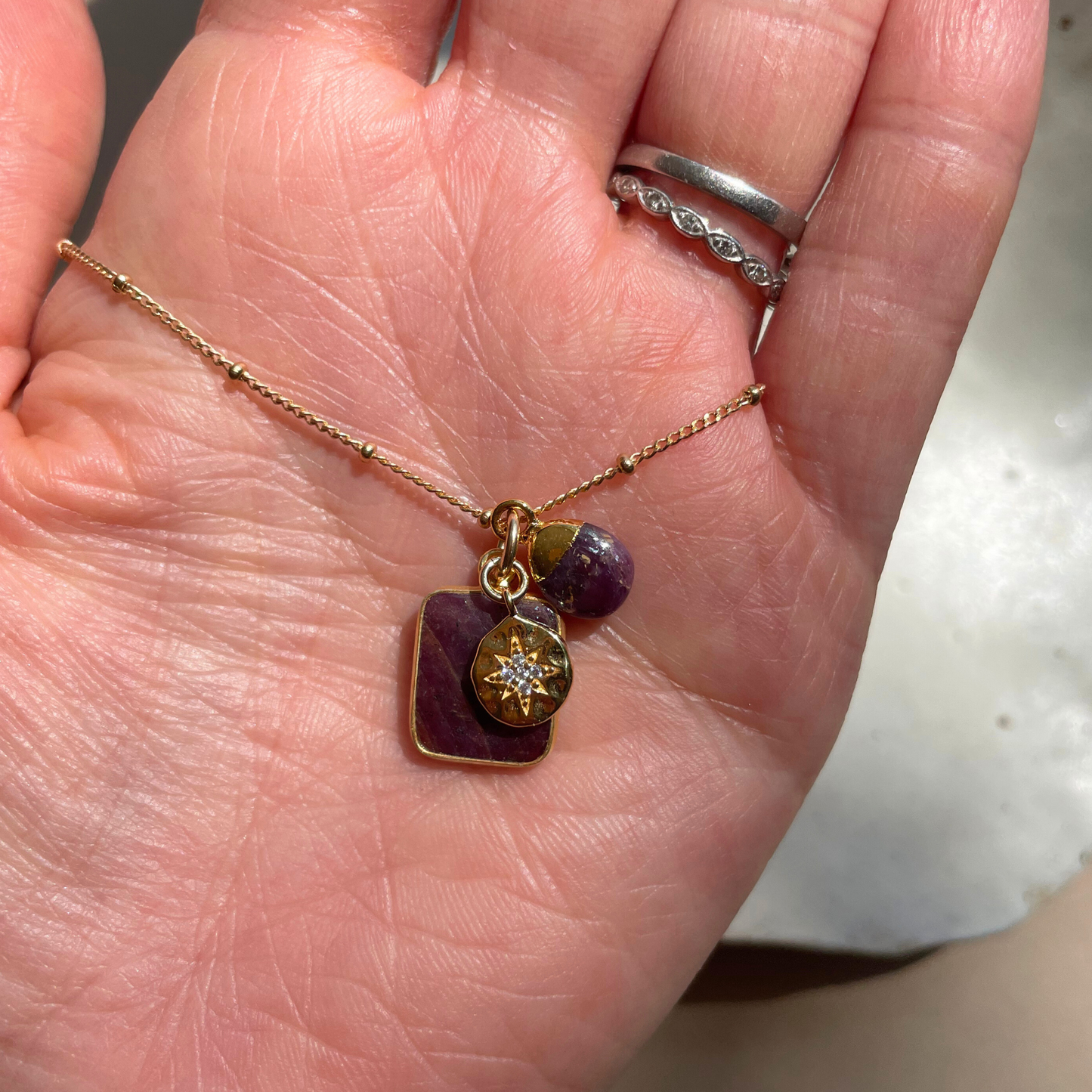 Ruby Gem Slice Triple Necklace | Energy (Gold Plated)