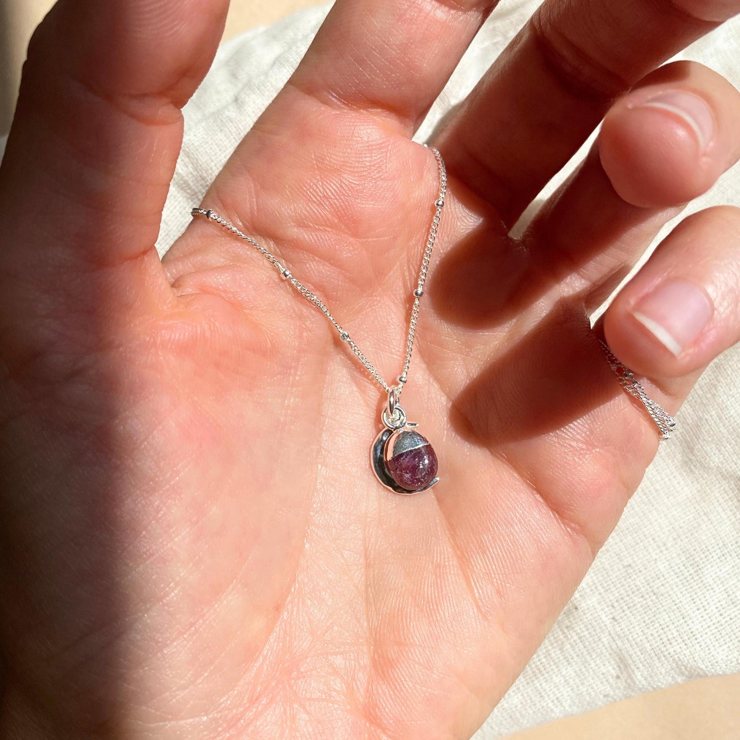Ruby Tumbled & Moon Necklace | Energy & Passion (Silver)