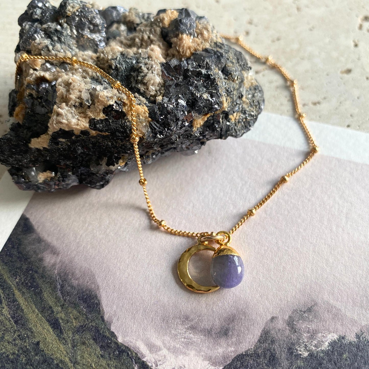 CHOOSE YOUR OWN | Tumbled Gemstone & Moon Necklace (Gold Plated)