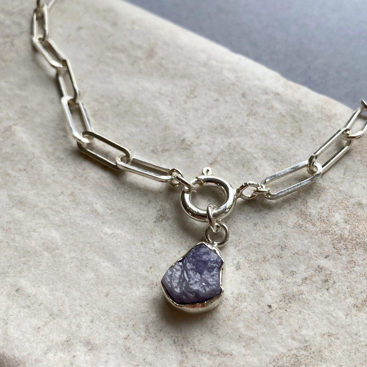 Tanzanite Carved Chunky Chain Necklace | Positivity (Sterling Silver)