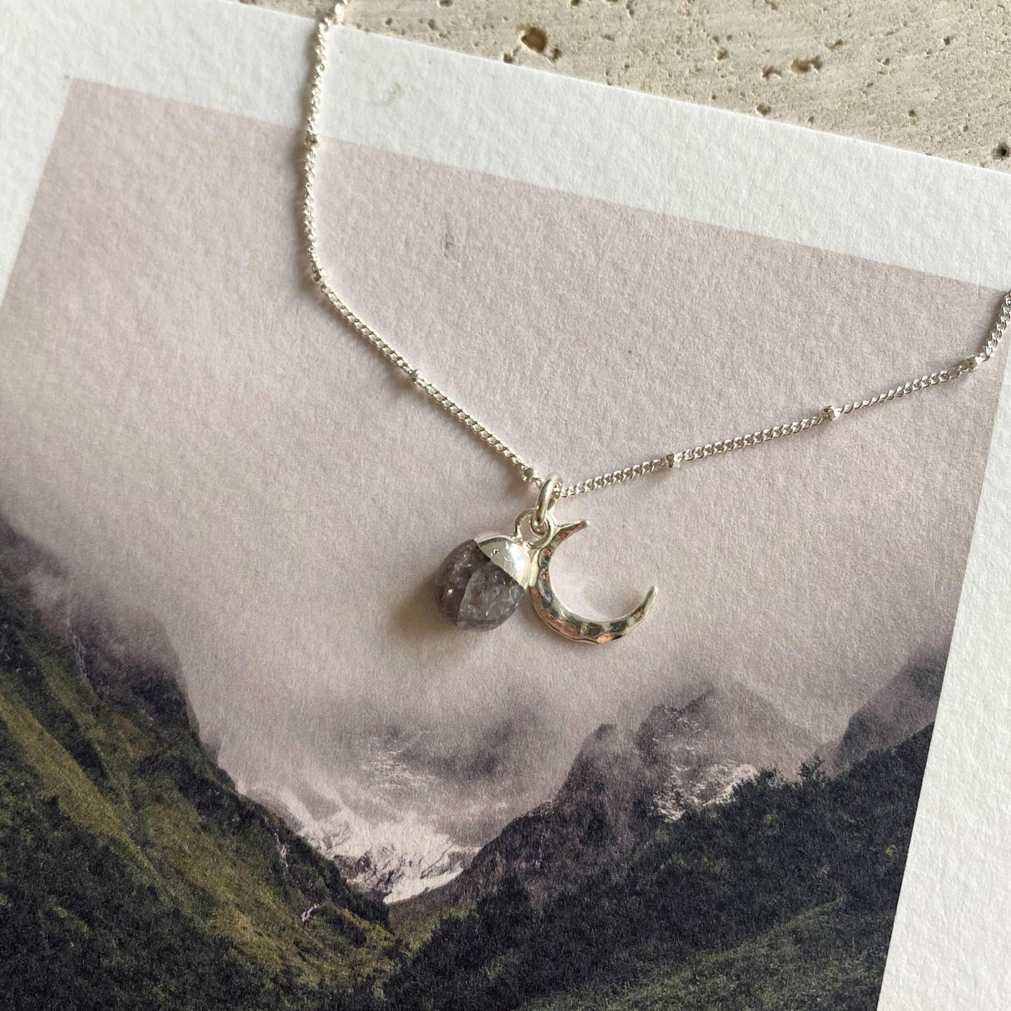 CHOOSE YOUR OWN | Tumbled Gemstone & Moon Necklace (Silver)