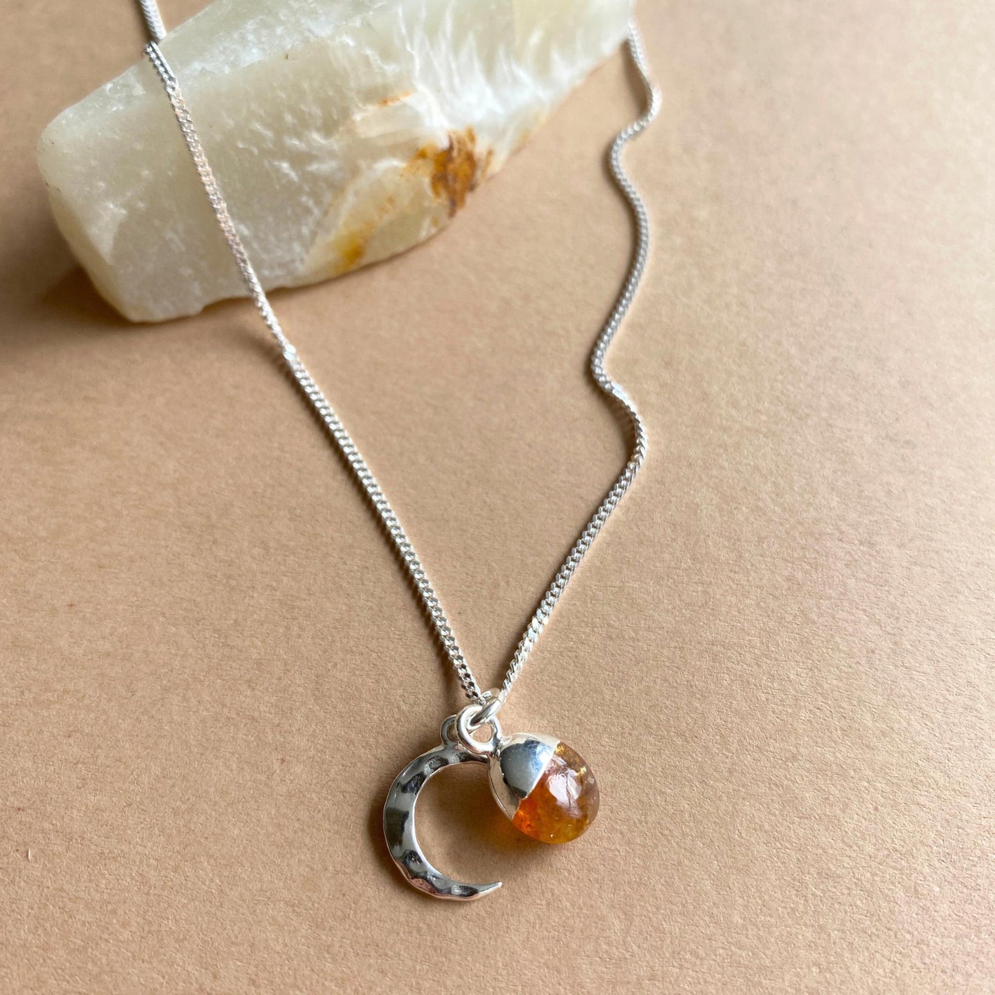 Citrine Tumbled & Moon Necklace | Success (Silver)