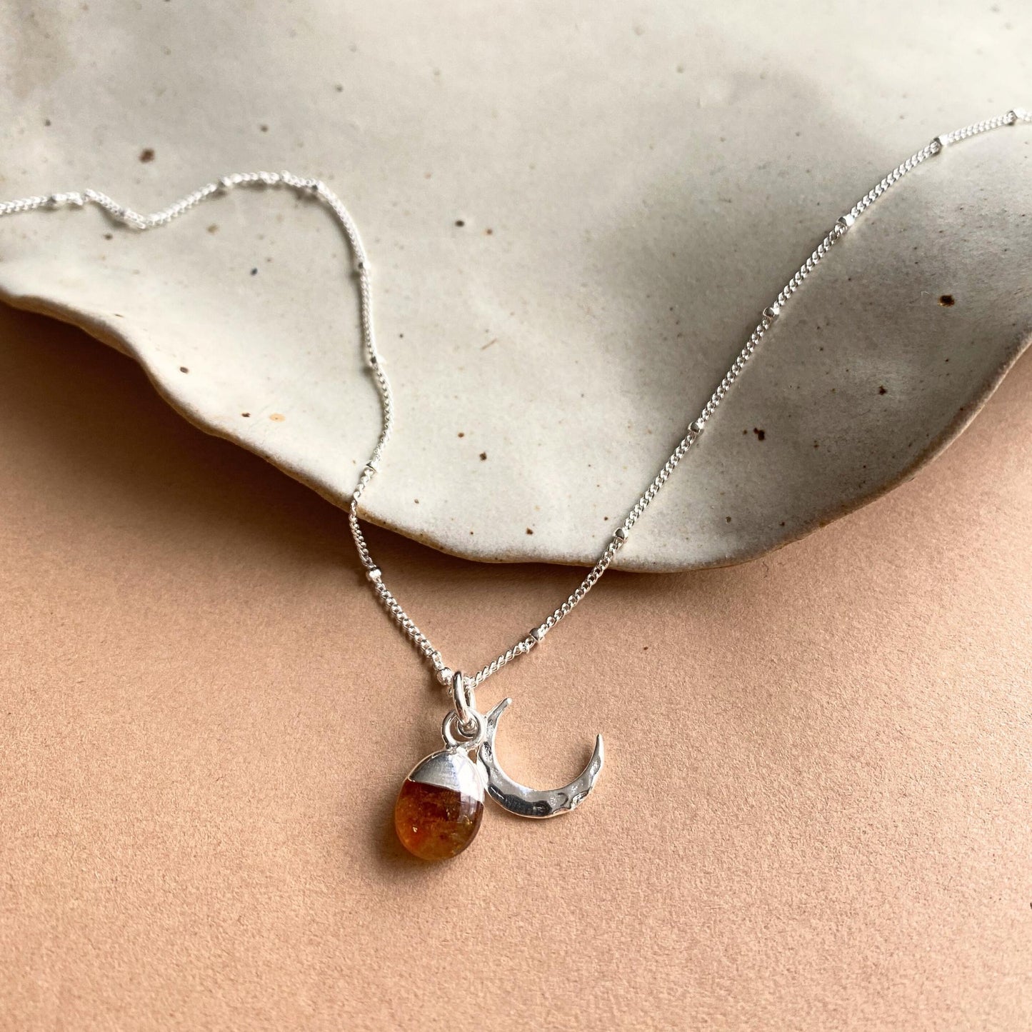 Citrine Tumbled & Moon Necklace | Success (Silver)