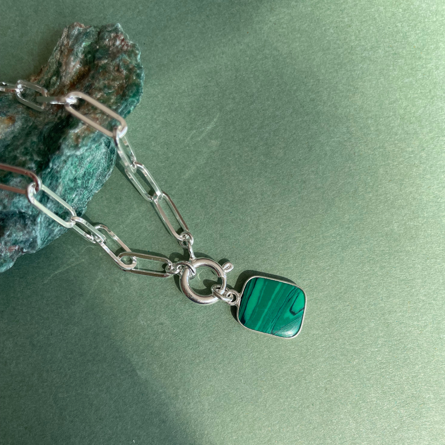 Malachite Gem Slice Chunky Chain Necklace | Joy (Silver)