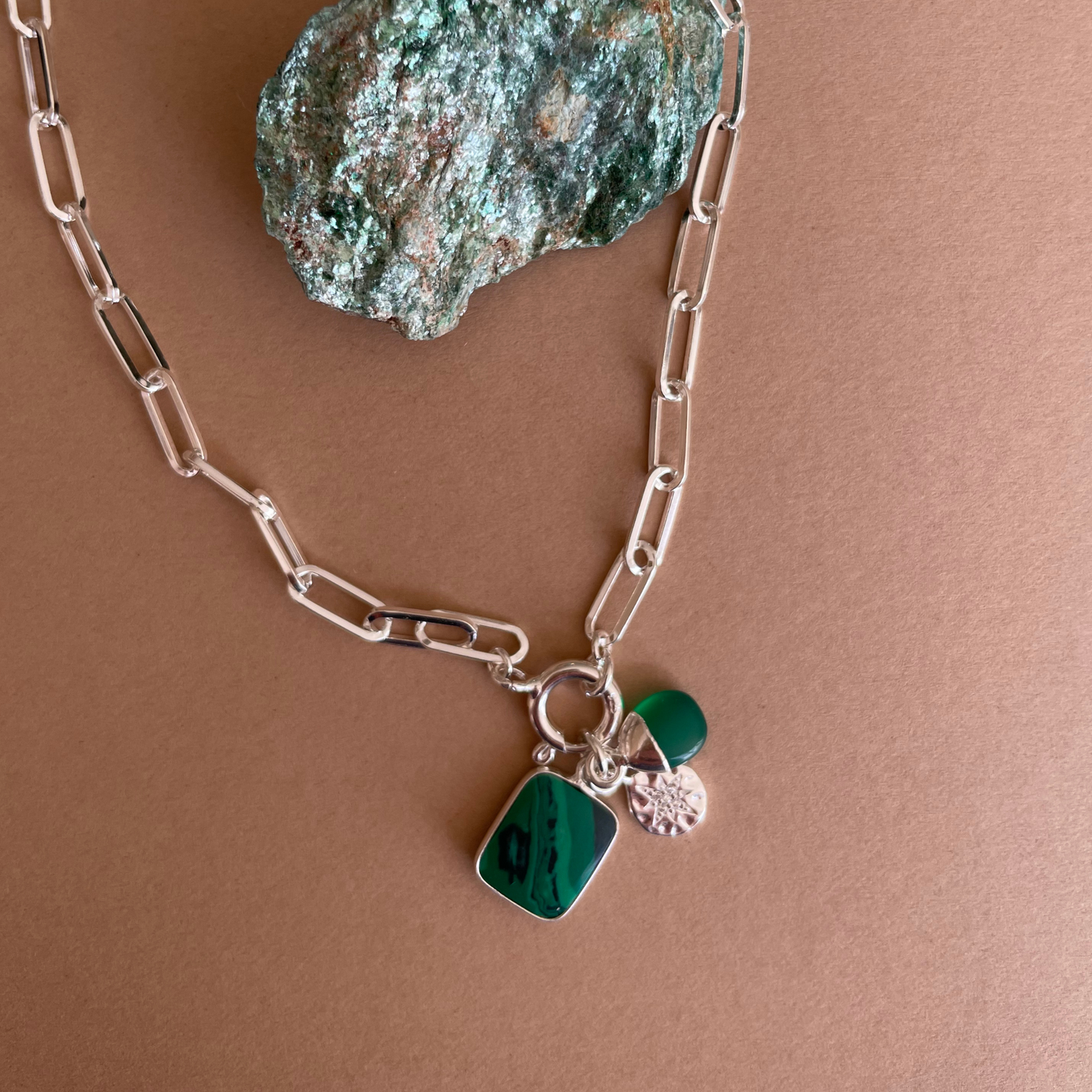 Malachite Gem Slice Triple Chunky Chain Necklace | Joy (Silver)