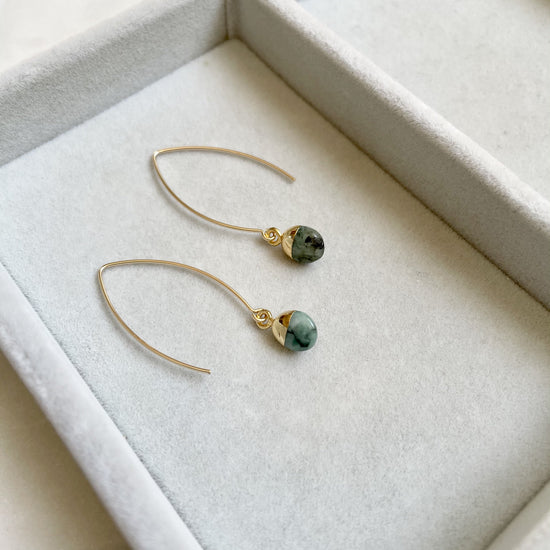 Tiny Tumbled Gemstone Dropper Earrings - Emerald - Decadorn