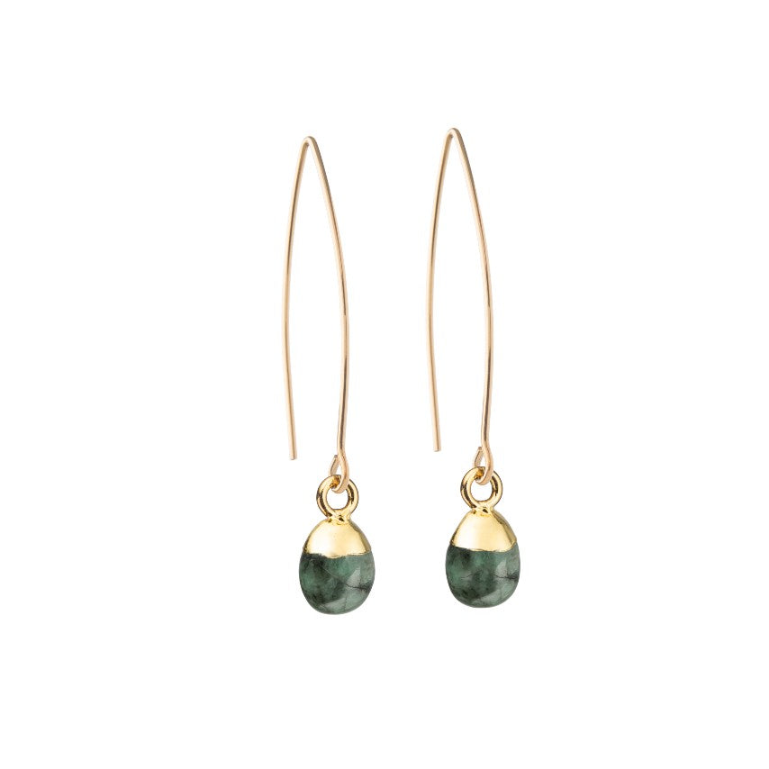 Tiny Tumbled Gemstone Dropper Earrings - Emerald - Decadorn