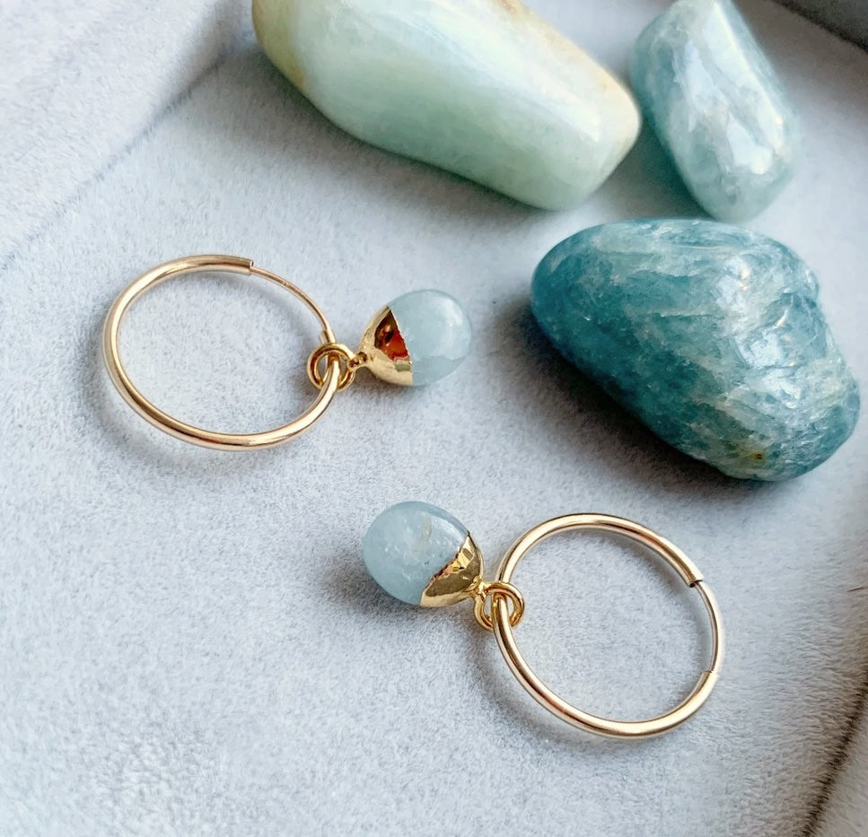 Aquamarine Tiny Tumbled Hoop Earrings | Serenity (Gold Fill)