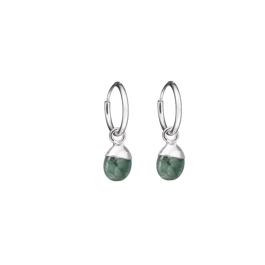 Tiny Tumbled Gemstone Hoop Earrings - Silver- MAY, Emerald - Decadorn