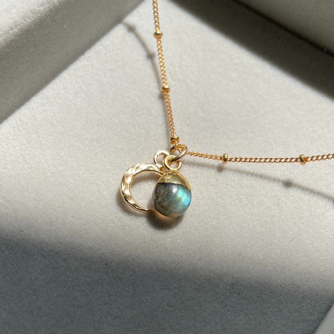 CHOOSE YOUR OWN | Tumbled Gemstone & Moon Necklace (Gold Plated)