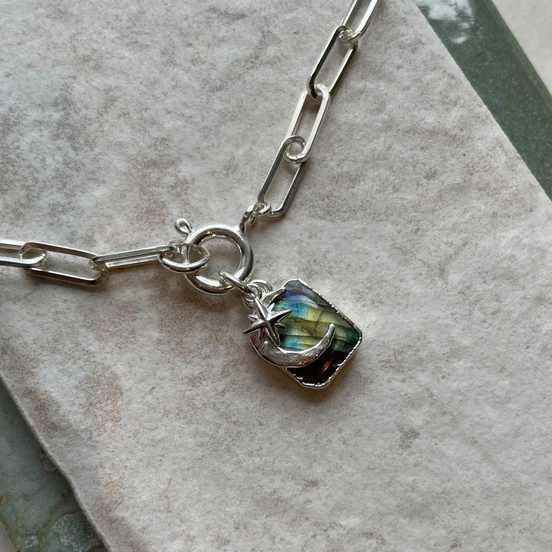 Labradorite Moon & Star Gem Slice Triple Chunky Chain Necklace | Adventure (Silver)