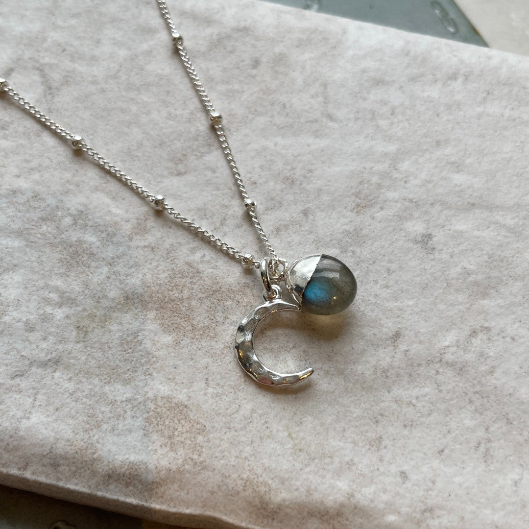 CHOOSE YOUR OWN | Tumbled Gemstone & Moon Necklace (Silver)