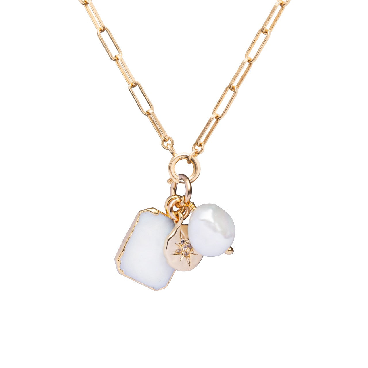 Mother of Pearl Gem Slice Triple Chunky Chain Necklace | Calming (Gold Plated)