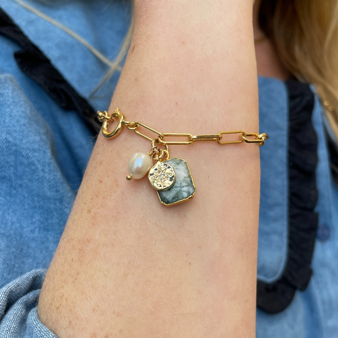 Moss Agate Gem Slice Triple Chunky Chain Bracelet | New Beginnings (Gold Plated)