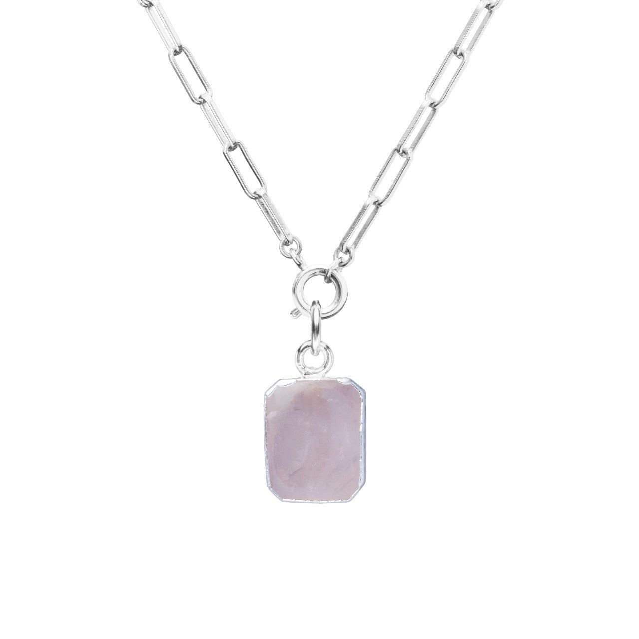 Rose Quartz Gem Slice Chunky Chain Necklace | Love (Silver)