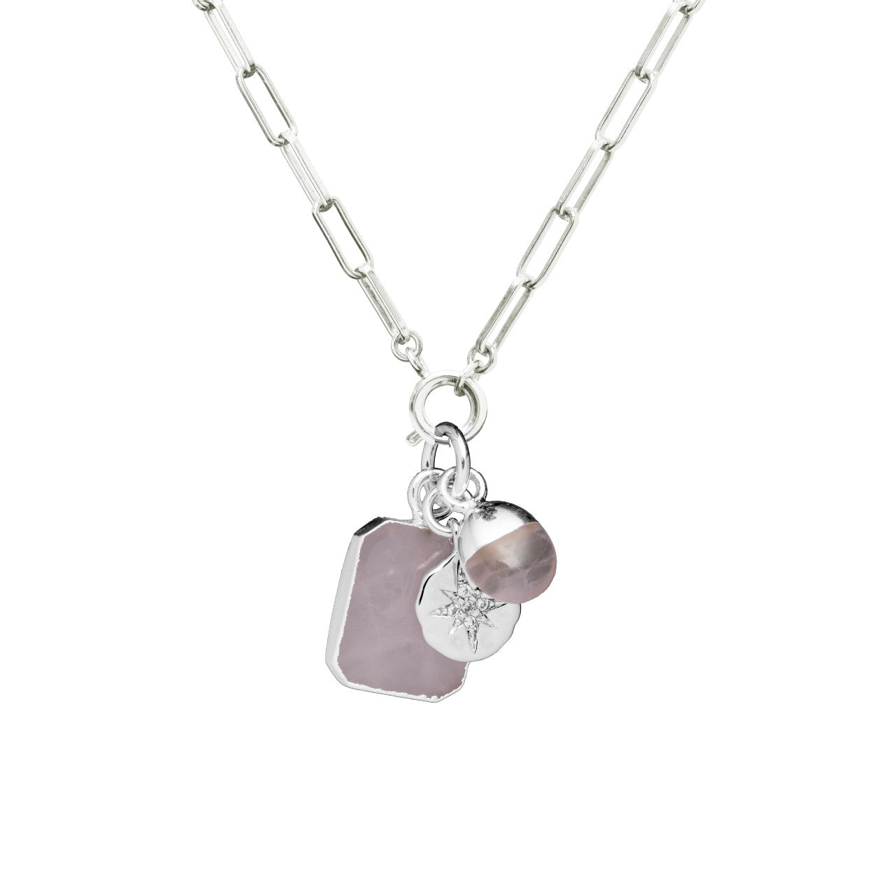 Rose Quartz Gem Slice Triple Chunky Chain Necklace | Love (Silver)