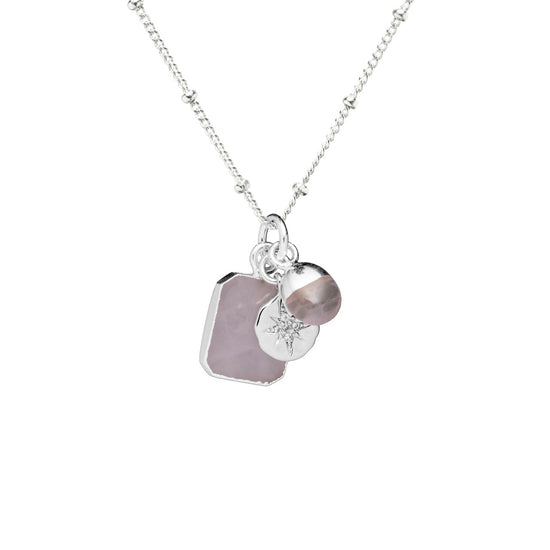 Rose Quartz Gem Slice Triple Necklace  | Love (Silver)