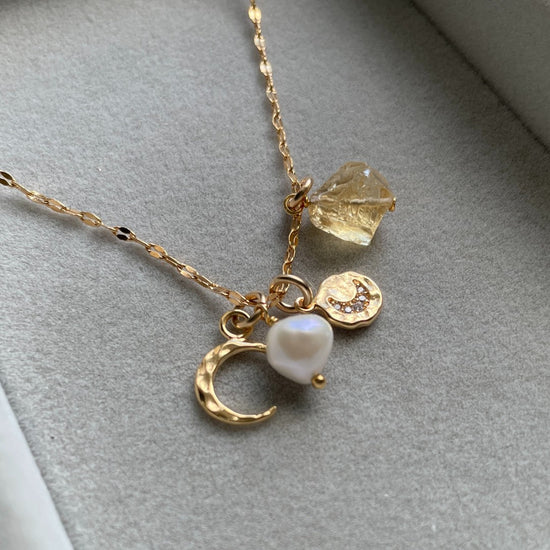 November Birthstone| Citrine Moon Charm Necklace (Gold)