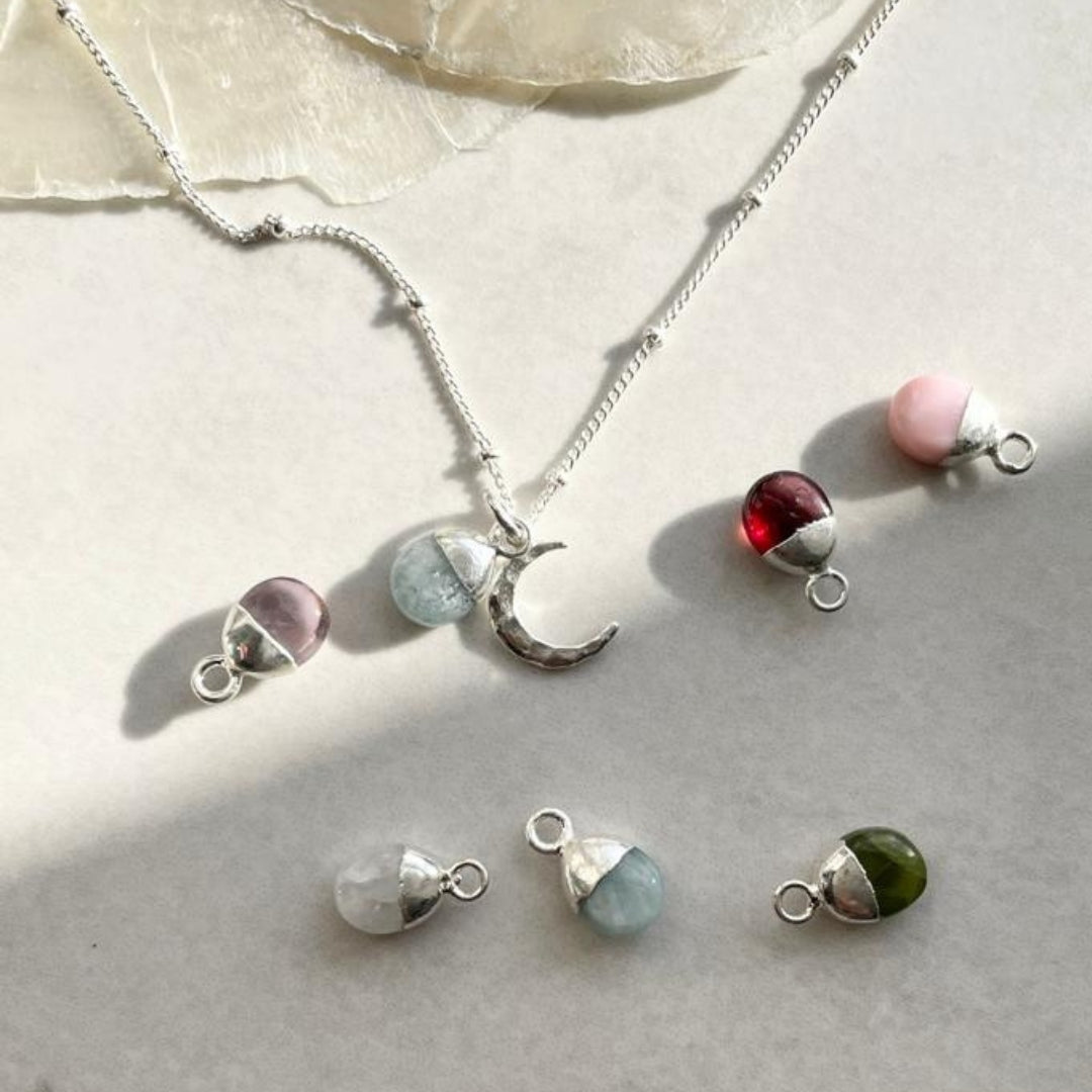 CHOOSE YOUR OWN | Tumbled Gemstone & Moon Necklace (Silver)