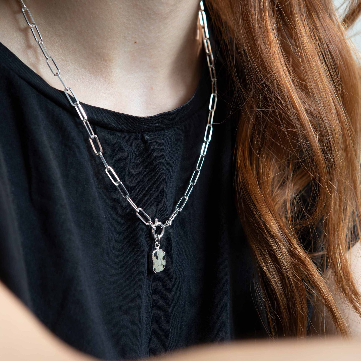 Dalmatian Gem Slice Chunky Chain Necklace | Positivity (Silver)