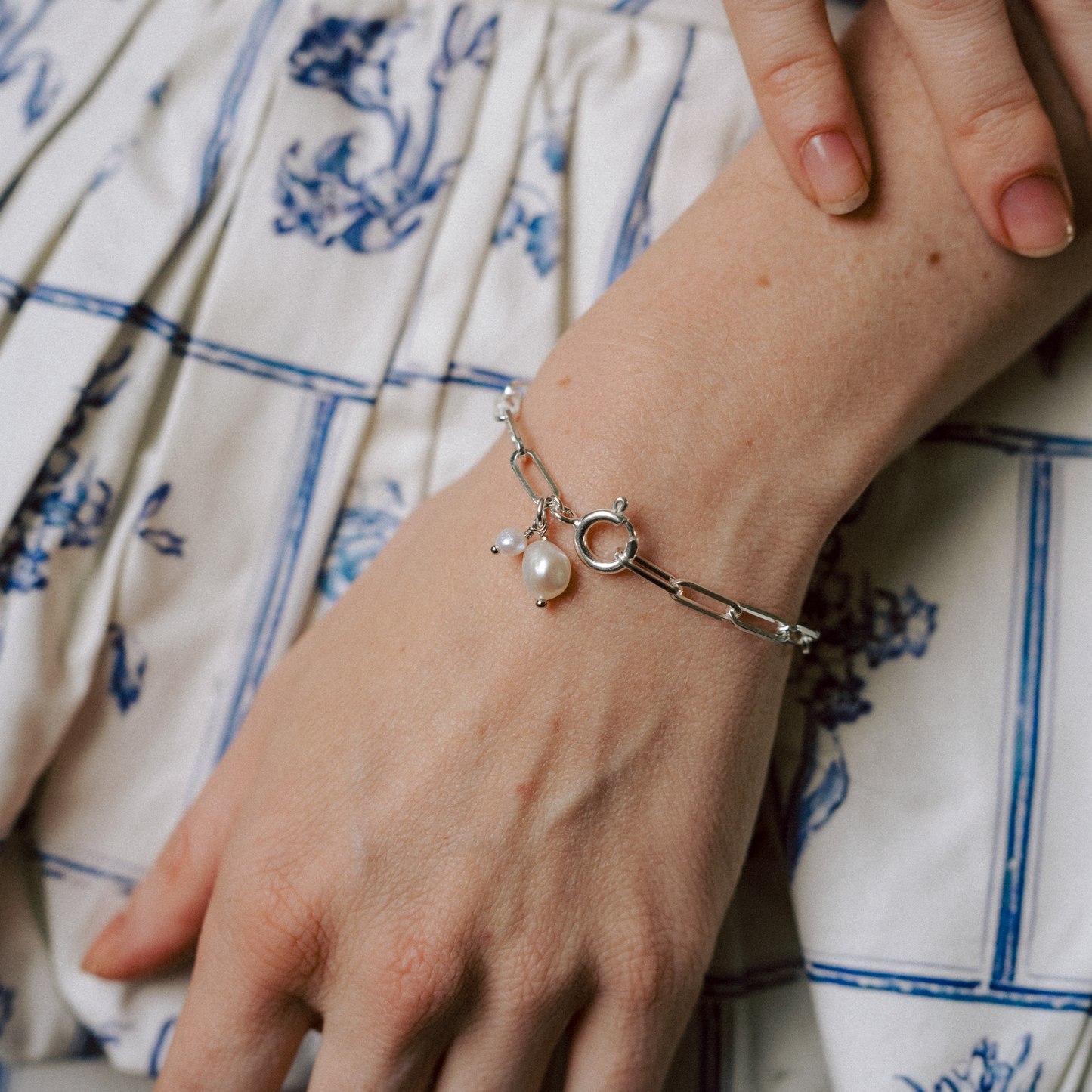 'Mum & Me' Pearl Chunky Chain Bracelet (Sterling Silver)