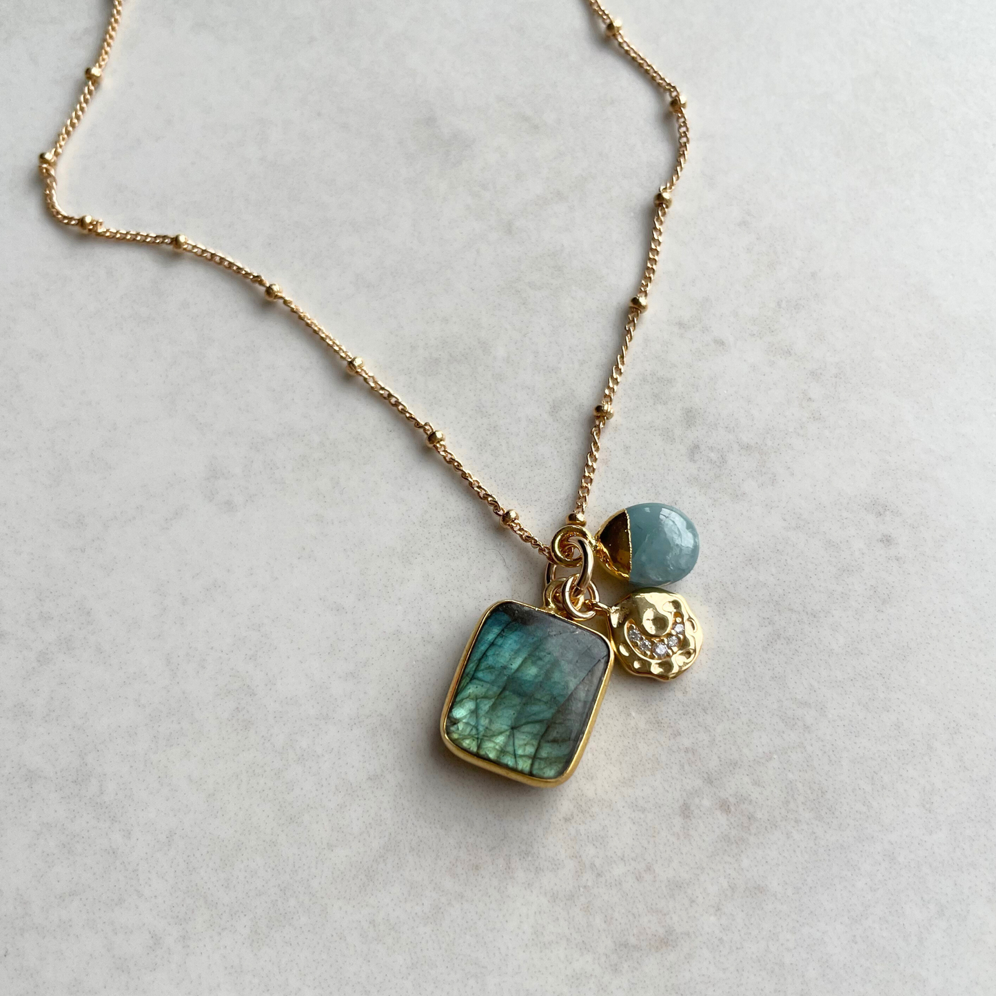 Limited Edition Labradorite & Aquamarine Gem Slice Triple Necklace (Gold Plated or Silver)