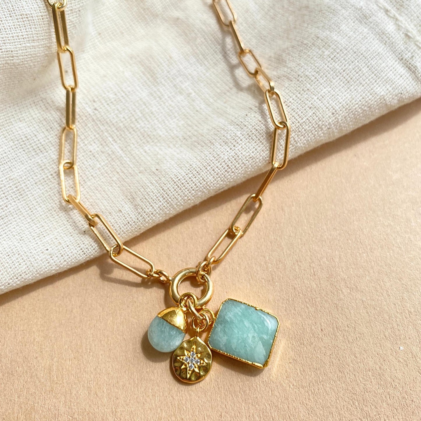 Amazonite Gem Slice Triple Chunky Chain Necklace | Confidence (Gold Plated)