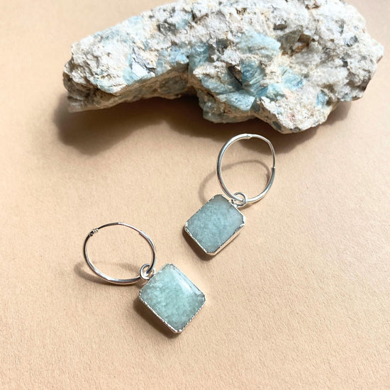 Amazonite Gem Slice Hoop Earrings | Confidence (Silver)