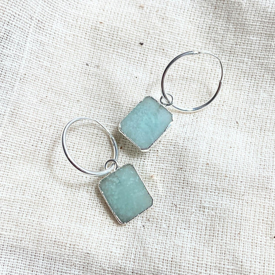 Amazonite Gem Slice Hoop Earrings | Confidence (Silver)