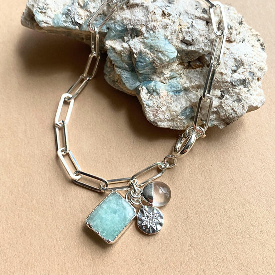 Amazonite Gem Slice Triple Chunky Chain Bracelet | Confidence (Silver)