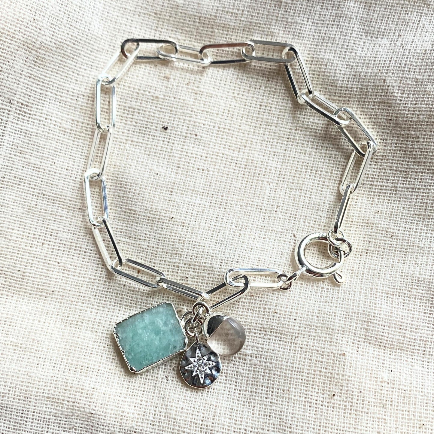 Amazonite Gem Slice Triple Chunky Chain Bracelet | Confidence (Silver)