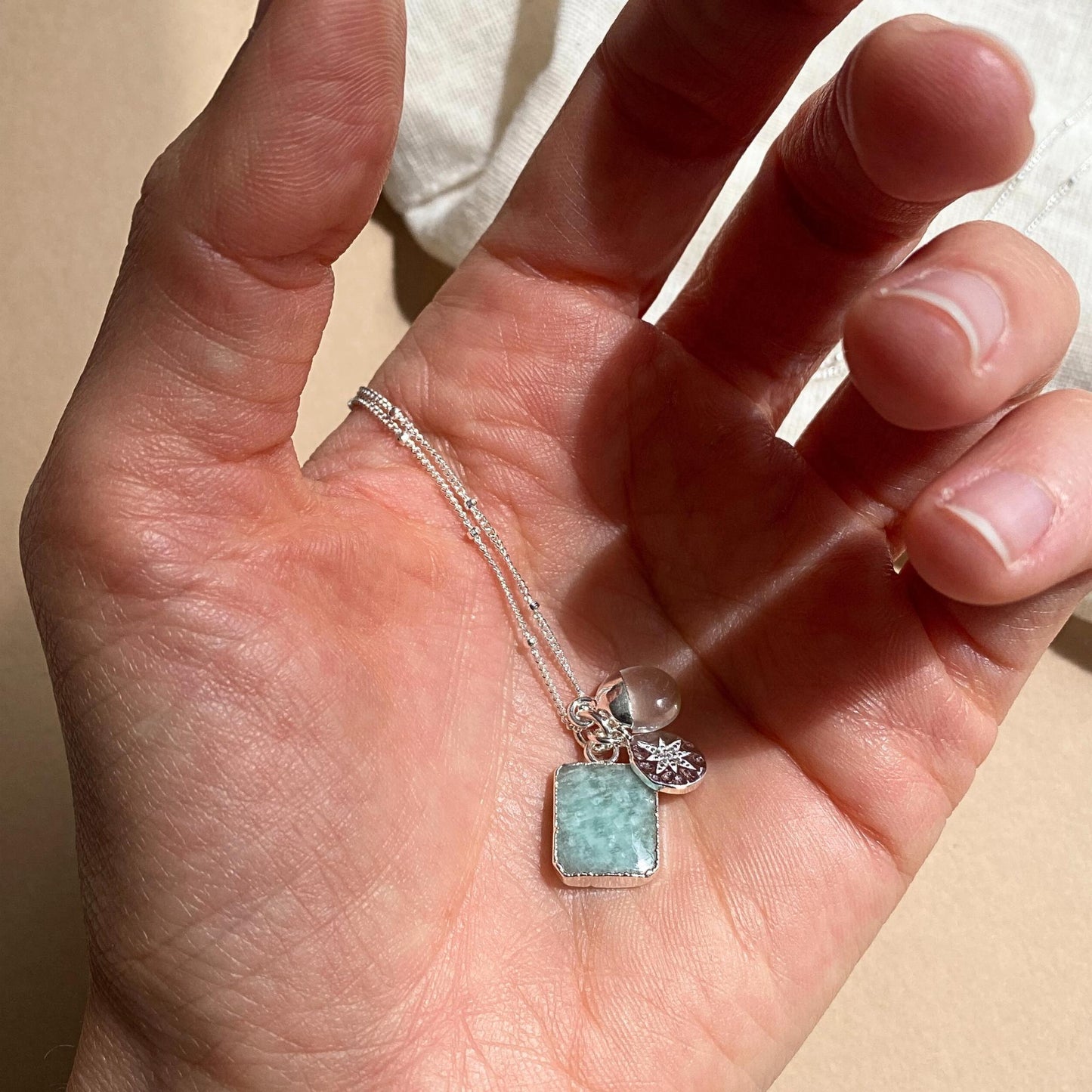 Amazonite Gem Slice Triple Necklace | Confidence (Silver)