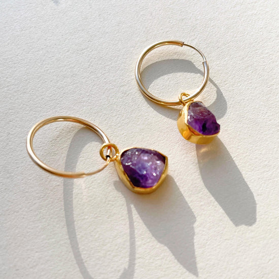 Load image into Gallery viewer, Amethyst Carved Hoop Earrings | Calming (Gold Fill)
