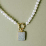 Mother of Pearl Strand Necklace with Large Aquamarine Gem Slice | Serenity (Gold)