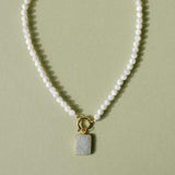 Mother of Pearl Strand Necklace with Large Aquamarine Gem Slice | Serenity (Gold)