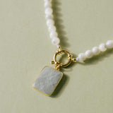 Mother of Pearl Strand Necklace with Large Aquamarine Gem Slice | Serenity (Gold)