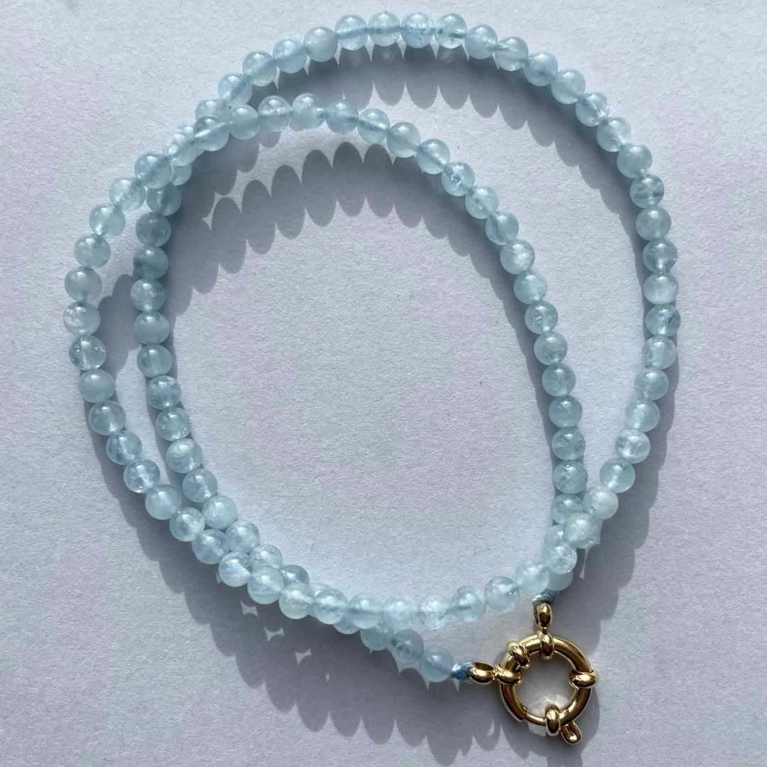 Aquamarine Beaded Strand Necklace | Serenity (Gold)