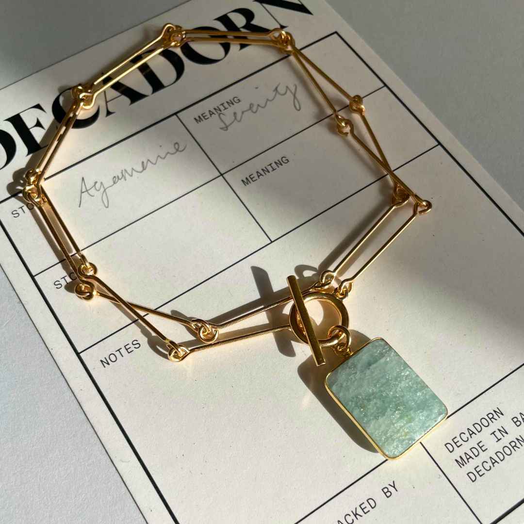 Aquamarine Large Gem Slice Bone Chain Necklace (Gold)