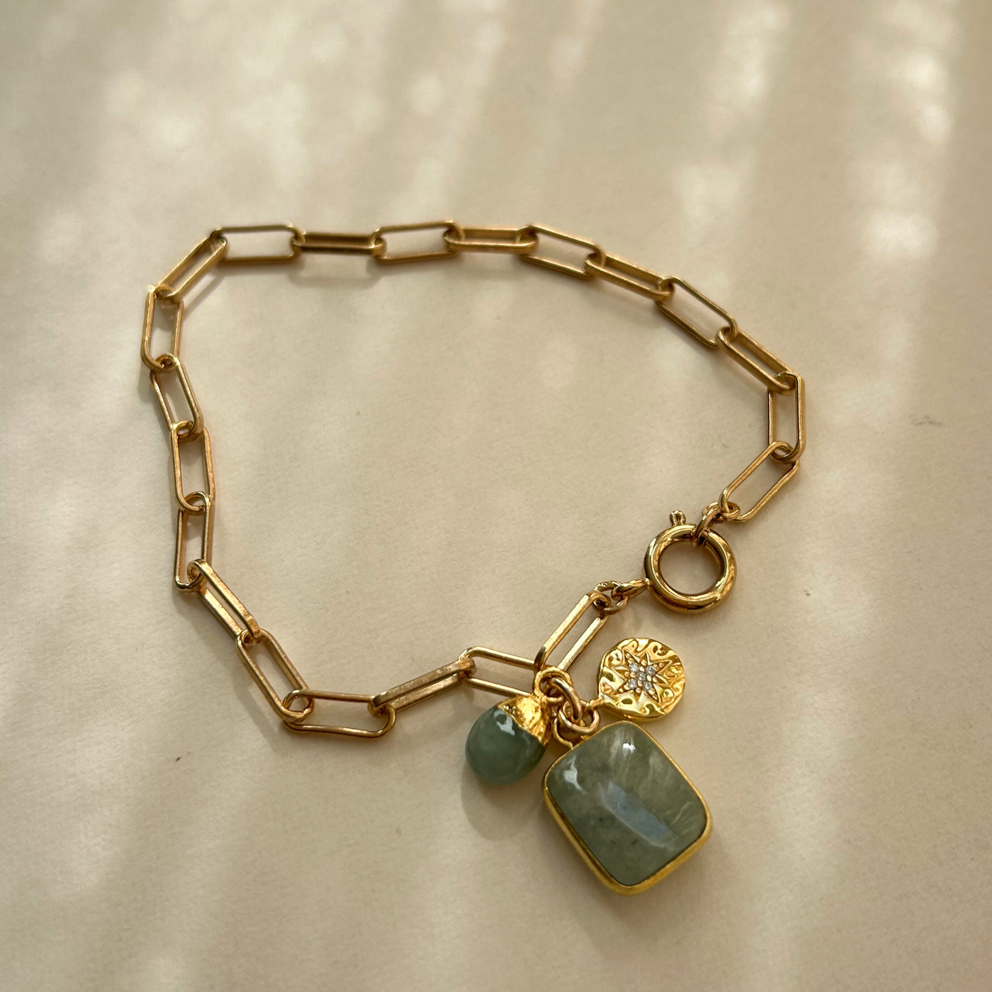 Aquamarine Gem Slice Triple Chunky Chain Bracelet | Serenity (Gold Plated)