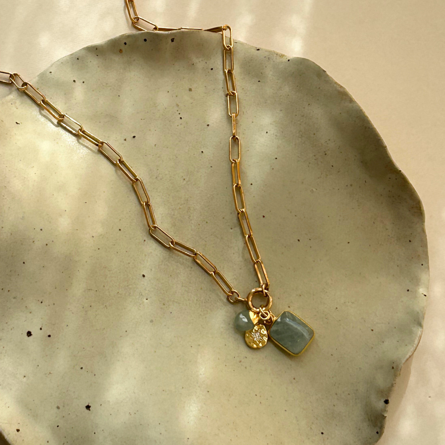 Aquamarine Gem Slice Triple Chunky Chain Necklace | Serenity (Gold Plated)