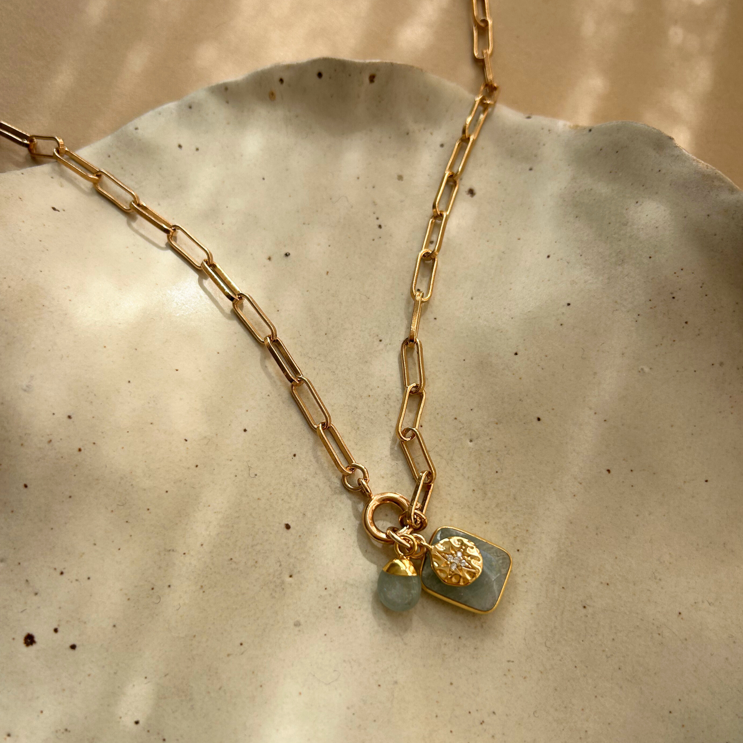 Aquamarine Gem Slice Triple Chunky Chain Necklace | Serenity (Gold Plated)