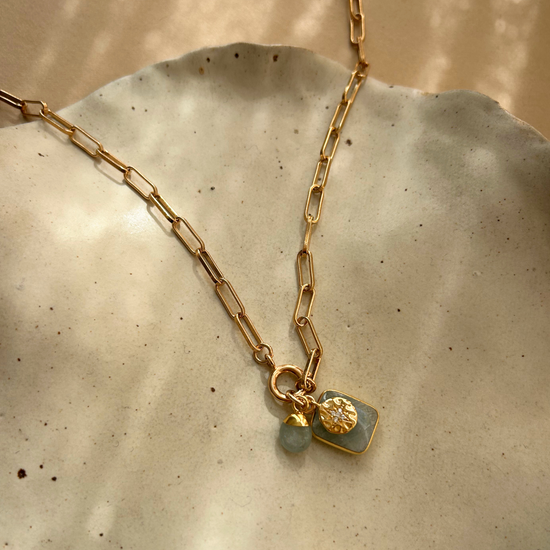 Aquamarine Gem Slice Triple Chunky Chain Necklace | Serenity (Gold Plated)