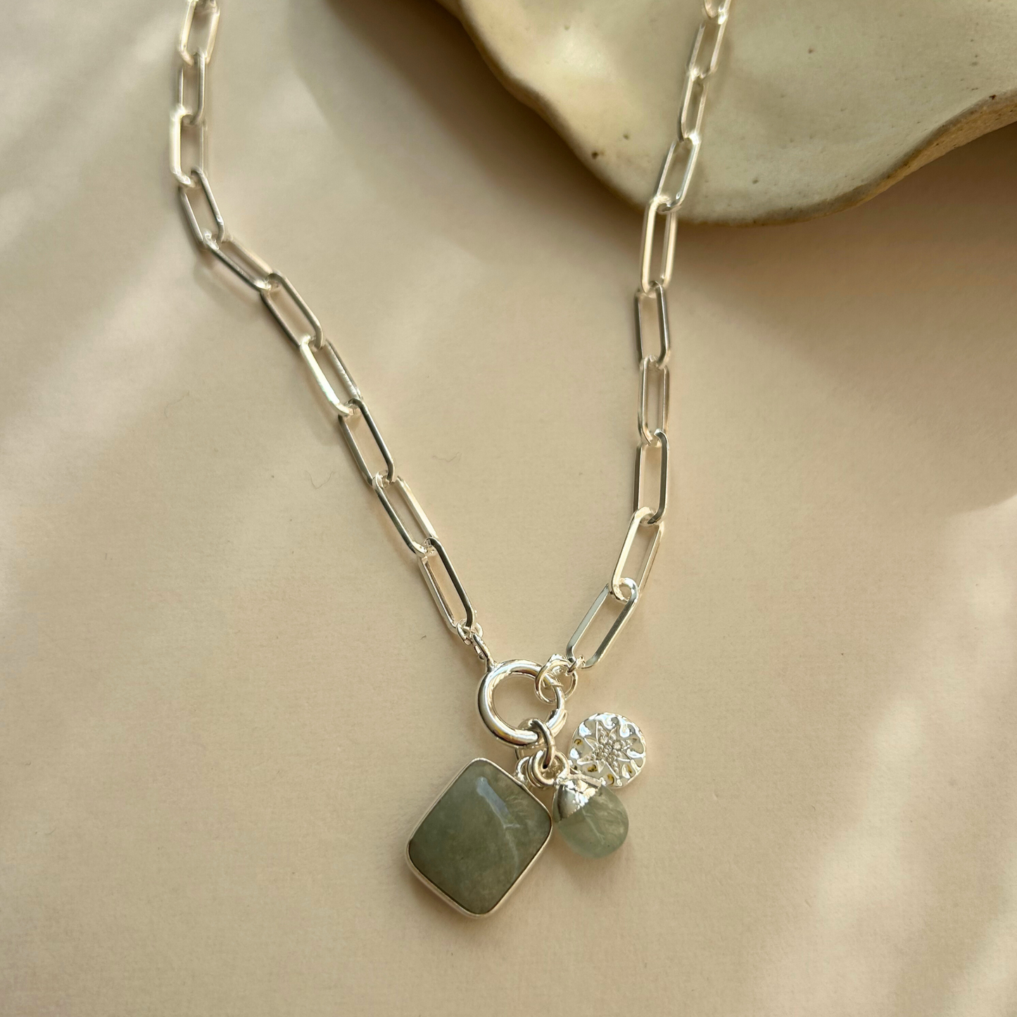 Aquamarine Gem Slice Triple Chunky Chain Necklace | Serenity (Silver)